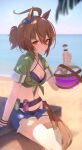  1girl agnes_tachyon_(lunatic_lab)_(umamusume) agnes_tachyon_(umamusume) ahoge animal_ears beach belt bikini black_bikini blue_shorts blurry blush breasts brown_hair cleavage commentary criss-cross_halter cutoffs feet_out_of_frame flask gloves green_jacket hair_over_one_eye halterneck hand_up highres holding holding_flask horizon horse_ears horse_girl horse_tail jacket katuko_deluxe looking_at_viewer ocean open_mouth outdoors pouch red_eyes round-bottom_flask short_ponytail short_sleeves shorts single_glove sitting small_breasts smile solo swimsuit tail thigh_strap umamusume wristband 