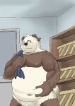  2023 anthro barely_visible_genitalia barely_visible_penis bear belly big_belly black_nose detailed_background genitals giant_panda hi_res humanoid_hands kemono male mammal moobs nipples o_hashi2020 overweight overweight_male penis solo towel towel_on_shoulder 