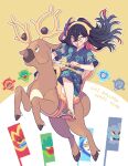  1girl :d black_hair blue_pants blue_shirt blush carmine_(pokemon) crossed_bangs eyelashes fanny_pack flag floating_hair hair_between_eyes hairband highres holding komasawa_(fmn-ppp) long_hair open_mouth outline pants pokemon pokemon_(creature) pokemon_(game) pokemon_sv riding riding_pokemon sandals shirt short_sleeves sitting smile stantler toes yellow_bag yellow_eyes yellow_hairband 