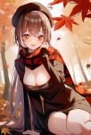  1girl autumn autumn_leaves black_hair breasts brown_eyes brown_hair brown_sweater cleavage cleavage_cutout clothing_cutout hair_ornament hairpin highres hololive hololive_english large_breasts leaf long_hair looking_at_viewer maple_leaf multicolored_hair nanashi_mumei open_mouth red_scarf scarf shirase_rin smile solo streaked_hair sweater virtual_youtuber white_hair 