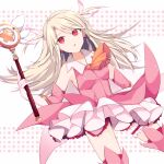  1girl 2176134 :o bare_shoulders earrings fate/kaleid_liner_prisma_illya fate_(series) feather_hair_ornament feathers gloves hair_ornament highres holding holding_wand illyasviel_von_einzbern jewelry red_eyes solo wand 