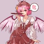  1girl animal_ears bird_ears bird_wings blush breasts brown_background brown_dress brown_headwear cowboy_shot dress eaglov earrings fingernails frilled_sleeves frills hat heart highres holding holding_tray jewelry long_fingernails long_sleeves looking_at_viewer medium_breasts mystia_lorelei nail_polish open_mouth pink_eyes pink_hair pink_nails pixel_art sharp_fingernails shirt short_hair simple_background single_earring sleeve_garter solo spoken_heart touhou tray white_shirt white_wings winged_hat wings 