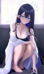  1girl absurdres bare_legs bare_shoulders barefoot black_camisole black_hair blue_archive blue_eyes blue_hair blush breasts camisole cleavage coat collarbone colored_inner_hair halo highres long_hair looking_at_viewer medium_breasts mofu07519 multicolored_hair pointy_ears rin_(blue_archive) solo squatting strap_slip sweatdrop toes two-tone_hair very_long_hair white_coat 