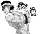  1boy aoi_(husiginokuninoa) arms_behind_back bara chibi chibi_inset doodle_inset from_behind golden_kamuy greyscale hat kepi large_pectorals looking_ahead looking_at_flowers looking_at_viewer lying male_focus military_hat monochrome muscular muscular_male nipples nude on_stomach pectorals raised_eyebrow rope scar scar_on_face scar_on_mouth scar_on_nose short_hair solo_focus sparkle sugimoto_saichi sweatdrop too_many_scars upper_body 