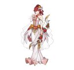  1girl anna_(fire_emblem) bare_shoulders bouquet bow_(weapon) breasts detached_sleeves dress feather_trim finger_to_mouth fire_emblem fire_emblem_heroes flower flower_brooch gold_bracelet gold_choker high_ponytail holding holding_bouquet holding_bow_(weapon) holding_weapon looking_at_viewer medium_breasts official_alternate_costume official_art ponytail red_eyes red_flower red_hair red_rose rose smile weapon white_background white_dress yellow_flower yellow_rose 