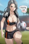  1girl alternate_costume ball blurry blurry_background breasts english_text grey_hair highres large_breasts lepypepy long_hair midriff navel niijima_sae outdoors patreon_username persona persona_5 playing_sports soccer soccer_ball soccer_field soccer_uniform solo sportswear 