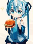  1girl aqua_eyes aqua_hair aqua_necktie bare_shoulders black_skirt black_sleeves burger cheese_trail commentary cowboy_shot detached_sleeves eating food grey_shirt hair_ornament hands_up hatsune_miku highres hikimayu holding holding_food long_hair looking_at_food necktie pleated_skirt shirt shoulder_tattoo skirt sleeveless sleeveless_shirt solo sparkle sparkling_eyes syare_0603 tattoo twintails very_long_hair vocaloid 