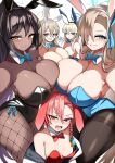  absurdres akane_(blue_archive) akane_(bunny)_(blue_archive) animal_ears asuna_(blue_archive) asuna_(bunny)_(blue_archive) black_leotard blonde_hair blue_archive blue_bow blue_bowtie blue_eyes blue_leotard blush bow bowtie breasts brown_eyes cleaning_&amp;_clearing_(blue_archive) cleavage closed_mouth dark-skinned_female dark_skin detached_collar fake_animal_ears fang fishnet_pantyhose fishnets glasses gloves grin hair_between_eyes hair_over_one_eye halo highleg highleg_leotard highres huge_breasts jacket karin_(blue_archive) karin_(bunny)_(blue_archive) large_breasts leotard long_hair medium_breasts mole mole_on_breast mole_under_eye neru_(blue_archive) neru_(bunny)_(blue_archive) official_alternate_costume open_mouth pantyhose playboy_bunny rabbit_ears red_bow red_bowtie red_eyes red_leotard skin_fang smile strapless strapless_leotard tiamat_(momokuri_mannen) toki_(blue_archive) toki_(bunny)_(blue_archive) traditional_bowtie white_background white_gloves white_leotard 