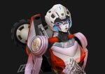  1girl arcee artist_name assault_visor autobot black_background blue_eyes delari glowing glowing_eyes grey_lips looking_to_the_side mecha robot smile solo transformers transformers:_rise_of_the_beasts transformers_(live_action) upper_body 