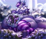  abdominal_bulge anthro bangs belly big_breasts big_butt black_body bracelet breasts butt claws clothing column digestion dragon female flower fur garden grey_body group hair headphones hi_res huge_breasts huge_butt hyper hyper_breasts hyper_butt jewelry legwear liquid male male/female male/male organs overweight plant purple_body purple_hair regakoala rose_(flower) smile stockings stomach torn_clothing transformation trio vore white_hair wide_hips 