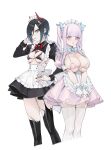  2girls alternate_costume apron azur_lane back_bow black_bra black_dress black_hair black_thighhighs bow bra breastless_clothes breasts claw_ring dress drill_hair ear_piercing eyes_visible_through_hair framed_breasts frilled_apron frills garter_straps gloves hand_in_own_hair hand_on_own_hip highres horns large_breasts long_hair long_sleeves looking_at_viewer maid maid_apron maid_headdress mechanical_horns micro_bra multicolored_hair multiple_girls nail_polish ohisashiburi piercing pink_bra pink_dress pink_eyes pink_hair plymouth_(azur_lane) puffy_short_sleeves puffy_sleeves red_bow red_horns red_nails short_dress short_hair short_sleeves shrug_(clothing) simple_background skindentation small_breasts standing thighhighs twin_drills twintails two-tone_hair ulrich_von_hutten_(azur_lane) ulrich_von_hutten_(mayhem_maid)_(azur_lane) underbust underwear v_arms waist_apron white_apron white_background white_garter_straps white_gloves white_hair white_thighhighs yellow_eyes zettai_ryouiki 