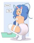  animal_humanoid blue_hair capcom cat_humanoid clothed clothing crouching darkstalkers dialogue diaper diaper_fetish diaper_only diaper_use digital_media_(artwork) embarrassed english_text eyebrows fangs feces felicia_(darkstalkers) felid felid_humanoid feline feline_humanoid female green_eyes hair hi_res humanoid litter_box long_hair looking_back mammal mammal_humanoid messy_diaper open_mouth pieceofsoap rear_view simple_background soiled_diaper soiling solo speech_bubble teeth text topless wearing_diaper 