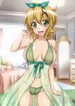  1girl absurdres akatsuki_kirika amanatsu_mikan blonde_hair blush breasts cleavage collarbone green_eyes green_panties hair_ornament hair_ribbon highres indoors large_breasts lingerie looking_at_viewer navel negligee open_mouth panties ribbon senki_zesshou_symphogear shiny_skin short_hair smile solo underwear x_hair_ornament 