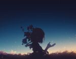  1girl backlighting cloud crescent_moon dark flower grass highres medium_hair moon nature night night_sky original outdoors scenery silhouette sky solo y_y_(ysk_ygc) 
