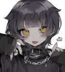  1girl black_hair blunt_bangs chain collar hands_up highres jewelry looking_at_viewer manuka_x_x original piercing ring simple_background solo tongue tongue_out tongue_piercing white_background yellow_eyes 