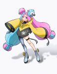  1girl blue_hair bow-shaped_hair character_hair_ornament full_body grey_pantyhose hair_ornament highres iono_(pokemon) jacket long_hair long_sleeves looking_at_viewer mandei_(nao_1234567) multicolored_hair pantyhose pink_eyes pink_hair pokemon pokemon_(game) pokemon_sv shadow sharp_teeth single_leg_pantyhose sleeves_past_fingers sleeves_past_wrists smile solo teeth thigh_strap twintails two-tone_hair very_long_hair white_background wide_sleeves yellow_jacket 