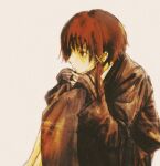  1girl from_side hair_ornament head_rest highres iwakura_lain knees_up long_sleeves profile ranm12s serial_experiments_lain short_hair simple_background single_sidelock sitting solo x_hair_ornament 