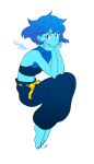  1girl barefoot blue_eyes blue_hair blue_pants blue_skin closed_mouth colored_skin commentary_request crop_top head_rest highres lapis_lazuli_(steven_universe) liquid_wings looking_at_viewer nano8 pants puffy_pants short_hair signature sleeveless smile solo steven_universe 