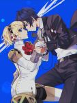  1boy 1girl aegis_(persona) android belt black_belt black_jacket black_pants blue_background blue_eyes blue_hair bow bowtie collared_shirt elulit2 evoker forehead-to-forehead gekkoukan_high_school_uniform gun heads_together highres holding holding_gun holding_hands holding_weapon jacket long_sleeves looking_at_viewer pants persona persona_3 profile red_bow red_bowtie school_uniform shirt short_hair simple_background uniform weapon white_shirt yuuki_makoto 