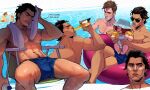  1girl 2boys abs absurdres bara blue_male_swimwear bottle brown_hair bulge closed_eyes drinking facial_hair female_child hat highres holding holding_bottle large_pectorals looking_at_another male_swimwear marvel mayday_parker miguel_o&#039;hara multiple_boys muscular muscular_male navel navel_hair nipples p1nkmic pectorals peter_b_parker smile spanish_text spider-man:_across_the_spider-verse spider-man_(series) sunglasses topless_male towel towel_around_neck water 