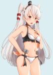  1girl amatsukaze_(kancolle) bikini black_choker blue_background breasts brown_eyes choker cowboy_shot grey_hair hair_tubes hand_on_own_hip highres kantai_collection long_hair looking_at_viewer navel o-ring o-ring_bikini open_mouth simple_background small_breasts smile smokestack_hair_ornament solo standing swimsuit two_side_up zuki 