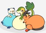  ambiguous_gender belly big_belly black_body blue_body eyes_closed feral generation_5_pokemon green_body group hyper hyper_belly nintendo orange_body oshawott pokemon pokemon_(species) pompuffy_(artist) red_eyes sitting snivy tail tepig trio white_body yellow_body 