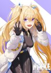  1girl :d bandaid bandaid_on_cheek bandaid_on_face black_bodysuit blonde_hair blue_eyes bodysuit breasts claw_pose coat copyright_name fang fur_collar goddess_of_victory:_nikke hands_up headgear highres laplace_(nikke) light_blush long_hair looking_at_viewer medium_breasts open_clothes open_coat open_mouth puffy_sleeves sidelocks smile solo thigh_gap twintails very_long_hair white_coat yt9676 