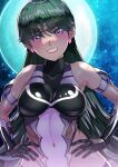  1girl absurdres arion_canvas armpits bishoujo_senshi_sailor_moon bodysuit dark-skinned_female dark_skin full_moon green_hair hands_on_own_hips highres leotard lips long_hair looking_at_viewer meiou_setsuna moon pink_eyes sailor_pluto shaded_face skin_tight smile solo swept_bangs taimanin_(series) taimanin_suit very_long_hair 