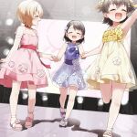  3girls :d ^_^ absurdres akagi_miria arm_up armpits bare_arms bare_shoulders black_hair blonde_hair blush bow braid braided_bangs closed_eyes commentary_request dress facing_viewer flower hair_bow hair_flower hair_ornament hairclip highres holding_hands idolmaster idolmaster_cinderella_girls koga_koharu multiple_girls parted_bangs pink_dress profile purple_dress rose sandals sasaki_chie short_hair sleeveless sleeveless_dress smile stage two_side_up white_flower white_footwear white_rose yellow_bow yellow_dress yellow_flower yukie_(kusaka_shi) 