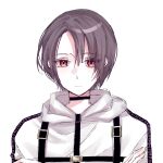  1girl belt black_hair choker crossed_arms expressionless forehead hair_between_eyes hair_over_one_eye highres hood hood_down long_sleeves looking_at_viewer milgram multiple_belts parted_bangs red_eyes shion_(momiziwakana_0113) short_hair simple_background straitjacket white_background yuzuriha_kotoko 