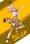  1girl animal_ears belt blonde_hair bow bowtie cat_ears cat_girl cat_tail elbow_gloves extra_ears gloves highres kemono_friends kneehighs motion_blur motion_lines notora punching serval_(kemono_friends) shirt shoes short_hair simple_background skirt sleeveless sleeveless_shirt socks solo tail translation_request yellow_background yellow_eyes 