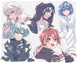  1girl 4boys blonde_hair blue_eyes blue_hair grey_background idolish7 isumi_haruka izumi_iori light_blue_hair long_hair looking_at_viewer multiple_boys nanase_riku natsume_minami orange_eyes pink_eyes red_eyes red_hair sakura_(lilak_a) short_hair yotsuba_aya 