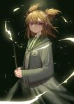  1girl absurdres alternate_costume closed_mouth coat collared_shirt earphones green_necktie grey_coat hair_between_eyes highres holding light_brown_hair long_sleeves necktie pointy_hair red_eyes shirt short_hair slytherin solo touhou toyosatomimi_no_miko upper_body white_shirt wizarding_world yazato_ichimushi 