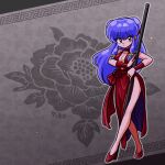  1girl breasts chinese_clothes choker cleavage_cutout clothing_cutout collarbone double_bun dress flower flower_choker full_body grey_background hair_bun holding holding_staff large_breasts long_hair purple_eyes purple_hair ranma_1/2 red_choker red_dress red_footwear rose shampoo_(ranma_1/2) solo staff wanta_(futoshi) 