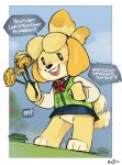 animal_crossing anthro black_nose blonde_hair bottomless bottomwear canid canine canis clothed clothing dialogue domestic_dog featureless_crotch female flower fur hair hi_res isabelle_(animal_crossing) lego looking_at_viewer mammal miniskirt nintendo no_underwear noctoc outside plant shih_tzu skirt smile solo speech_bubble standing topwear toy_dog vest yellow_body yellow_fur 