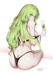  1girl ass bare_shoulders black_bra bra breasts chaciooh cup gradient_eyes green_eyes green_hair highres holding holding_cup honkai_(series) honkai_impact_3rd large_breasts long_hair looking_at_viewer looking_back mobius_(honkai_impact) multicolored_eyes nipples slit_pupils smile solo underwear wavy_hair white_background 
