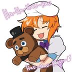  bow closed_eyes dress five_nights_at_freddy&#039;s freddy_fazbear higurashi_no_naku_koro_ni hugging_object medium_hair open_mouth orange_hair purple_bow ryuuguu_rena stuffed_toy white_background white_dress white_headwear xohnyart 