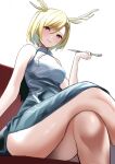  1girl adapted_costume amisu blonde_hair china_dress chinese_clothes commentary crossed_legs dragon_horns dress highres horns kicchou_yachie legs looking_at_viewer parted_lips red_eyes short_hair simple_background sitting smile solo touhou turtle_shell white_background 