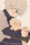 2boys black_hair child couple gon_freecss highres hunter_x_hunter killua_zoldyck lap_pillow male_child male_focus multiple_boys na8_06 open_mouth short_hair simple_background smile spiked_hair teeth upper_teeth_only white_hair yaoi 