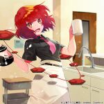  1girl album_cover belt black_shirt bow bowtie check_commentary coffee_pot collared_shirt commentary commentary_request cover cup drum futoumeido holding holding_cup horikawa_raiko indoors instrument kitchen looking_at_viewer mug office official_art open_mouth orange_eyes pink_bow pink_bowtie red_hair shirt short_hair skirt touhou touhou_cannonball water_drop white_skirt 