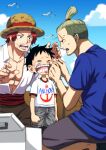  3boys aged_down black_hair blonde_hair blush crying day hat high_ponytail hongou male_focus monkey_d._luffy multiple_boys musasabiop one_piece one_piece_film:_red open_mouth outdoors ponytail red_hair scar shanks_(one_piece) short_hair short_ponytail straw_hat teeth 