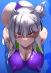  ... 1girl andou_you ass bare_shoulders blue_background braid breasts competition_swimsuit covered_nipples eyes_in_shadow glaring grey_hair hair_between_eyes hair_bun hair_tuft large_breasts long_hair one-piece_swimsuit original purple_one-piece_swimsuit red_eyes shadow slit_pupils solo spoken_ellipsis swimsuit two-tone_one-piece_swimsuit wet wet_clothes wet_swimsuit 