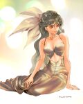  1girl arm_support bare_shoulders bow breasts choker collarbone crop_top grey_hair hair_between_eyes hair_bow hand_on_own_knee highres large_bow legs_together long_hair looking_to_the_side midriff original pants signature sitting solo zerra01 