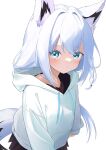  1girl :&lt; absurdres aged_down animal_ear_fluff animal_ears blush braid commentary_request fox_ears fox_girl fox_tail green_eyes hair_between_eyes highres hololive hood hoodie long_hair looking_at_viewer nema_029 shirakami_fubuki simple_background single_braid solo tail virtual_youtuber white_background white_hair white_hoodie 