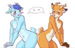  &lt;3 animal_crossing anthro ass_to_ass beau_(animal_crossing) blue_body blue_hair blush bovid buckteeth butt butt_bump caprine deer dialogue duo genitals girly girly/girly goat hair hi_res horn inner_ear_fluff looking_at_viewer male male/male mammal multicolored_body nintendo noruru3737 penis sherb_(animal_crossing) simple_background speech_bubble tail teeth tuft two_tone_body 