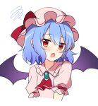  1girl ascot bat_wings blue_gemstone blue_hair blush bow collared_dress dress frills gem hair_between_eyes hat hat_bow highres looking_at_viewer mob_cap open_mouth pink_dress pink_headwear puffy_short_sleeves puffy_sleeves red_ascot red_bow red_eyes remilia_scarlet ruhika short_hair short_sleeves simple_background solo sweat sweatdrop tongue touhou upper_body white_background wings 