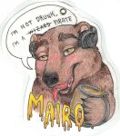  2023 absurd_res anthro bear bearphones beverage blush brown_bear brown_body brown_fur claws drunk english_text fur grizzly_bear headphones hi_res holding_beverage holding_object huge_filesize male mammal open_mouth orange_eyes snarling_darling solo speech_bubble substance_intoxication text tongue tongue_out traditional_media_(artwork) ursine 