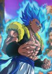  1boy abs artist_name baggy_pants biceps blue_eyes blue_hair blue_sash blurry blurry_background bracer clenched_hand closed_mouth commentary_request dragon_ball dragon_ball_super dragon_ball_super_broly gogeta hands_up highres looking_at_viewer male_focus metamoran_vest mountain muscular muscular_male open_clothes open_vest outdoors pants pectorals purple_sky sash seya_(asasei_718) signature sky smile smirk solo spiked_hair standing super_saiyan super_saiyan_blue v-shaped_eyebrows vest white_pants 