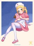  1girl apron blush border braid cleffa closed_mouth commentary_request cosplay dress eyelashes green_eyes hat highres holding holding_another&#039;s_finger holding_pokemon joy_(pokemon) joy_(pokemon)_(cosplay) kinocopro lillie_(pokemon) nurse_cap pantyhose pink_dress pink_footwear pokemon pokemon_(anime) pokemon_(creature) pokemon_sm_(anime) shoes short_sleeves smile twitter_username waist_apron watermark white_apron white_border white_headwear white_pantyhose 