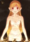  1girl a-pose arms_at_sides artist_name bakemonogatari bare_shoulders bikini blonde_hair blush breasts collarbone commentary cowboy_shot dark dated fangs front-tie_bikini_top front-tie_top huumoon kiss-shot_acerola-orion_heart-under-blade kizumonogatari long_hair looking_at_viewer midriff monogatari_(series) navel open_mouth oshino_shinobu parted_lips partially_submerged pointy_ears red_eyes reflection signature skindentation small_breasts smile solo swept_bangs swimsuit thigh_gap very_long_hair wading water white_bikini 